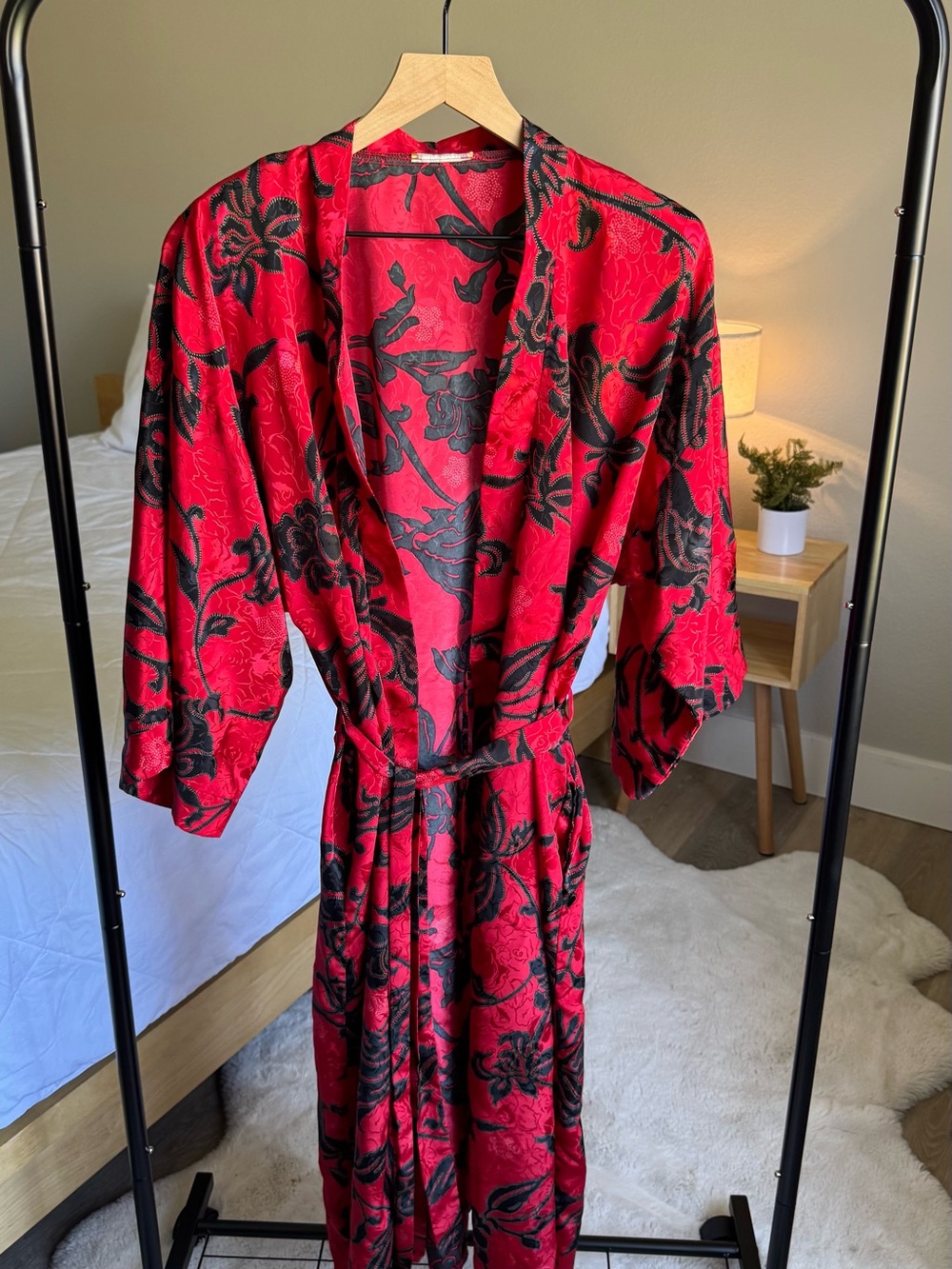 Red Floral Satin Robe with Black Print - Women's Lounge Wrap